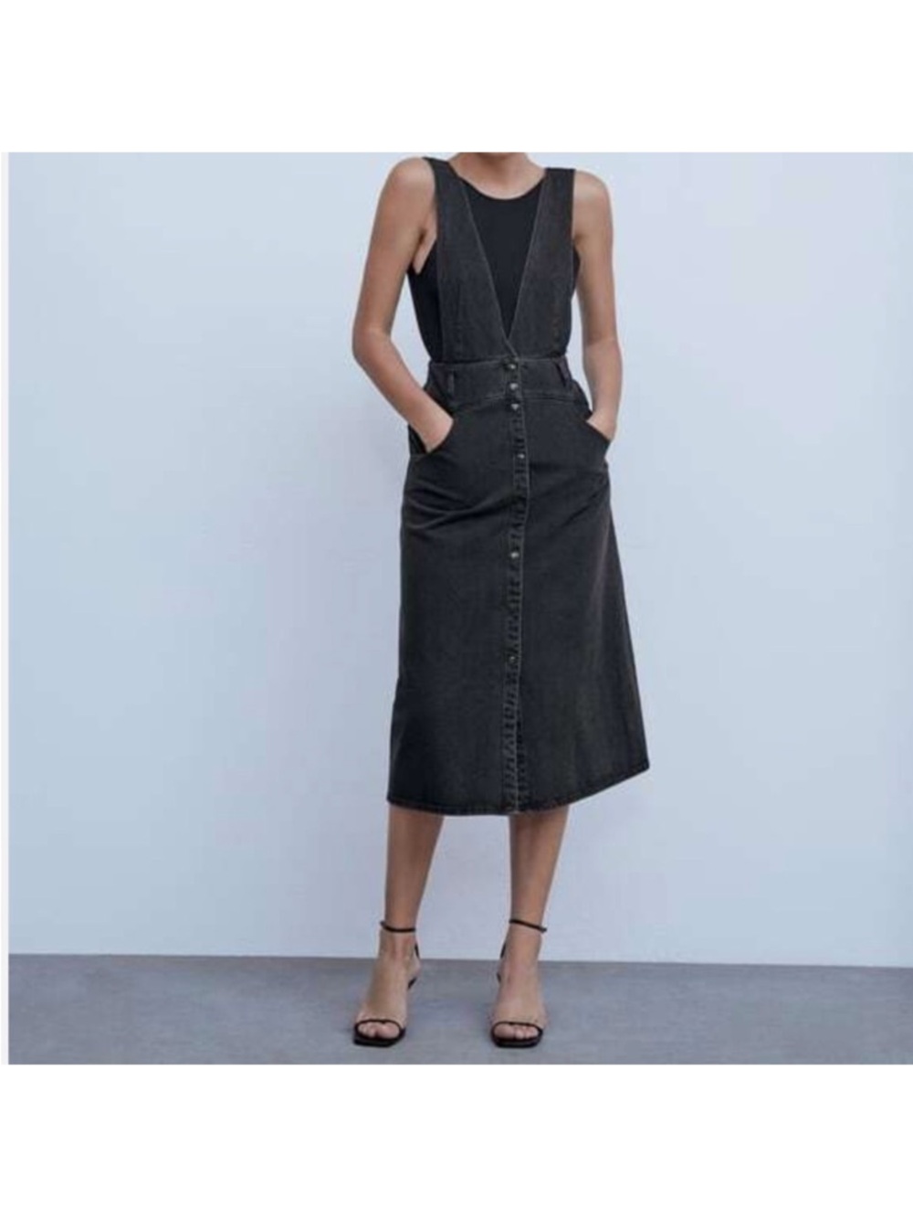 Zara Black Denim Button-Front Pinafore Dress